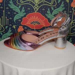 Butrich Rainbow Metallic Leather Silver Ankle Strap Mid Heels Shoes 37